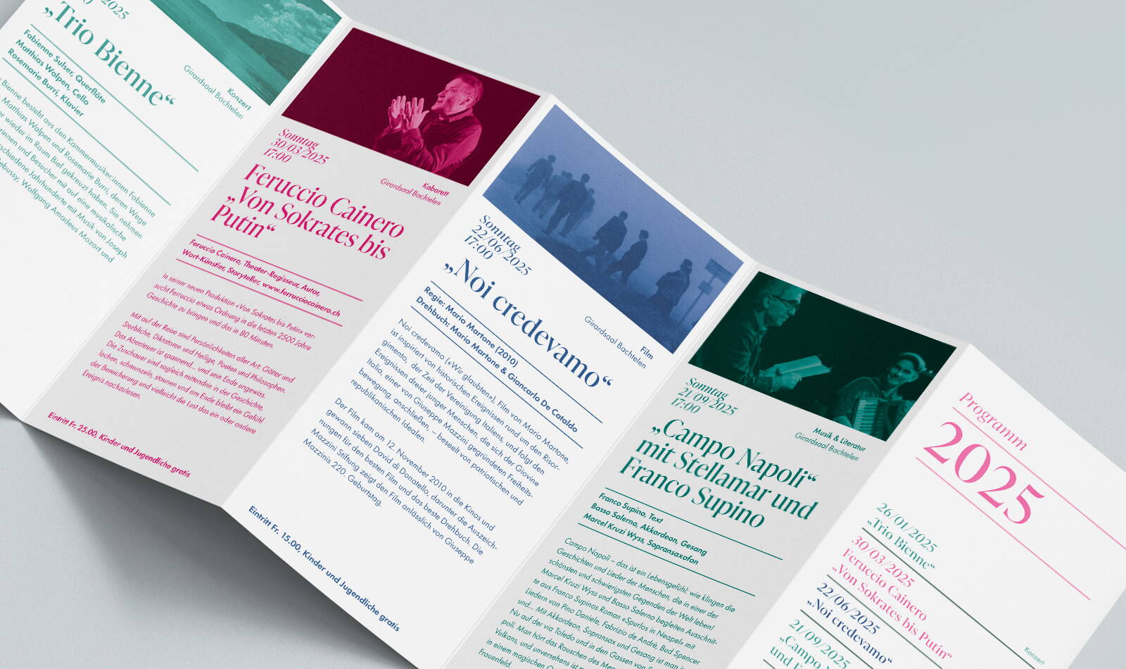 Mazzinistiftung Grenchen, Jahresprogramm, Falzflyer, Flyer und Plakat